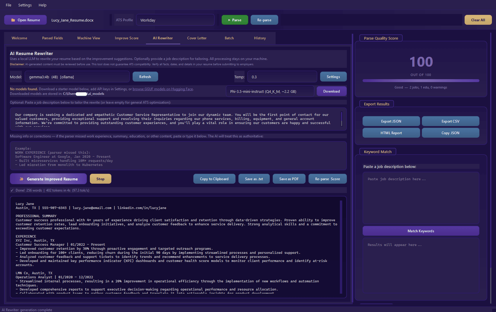 ParseCraft AI Resume Rewriter generating an optimized resume