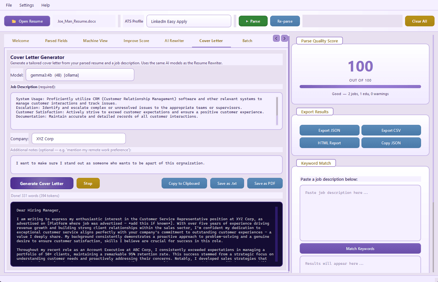 ParseCraft AI Cover Letter Generator producing a tailored cover letter